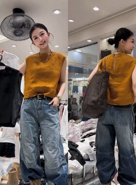 欧货背拉链麻坎肩麻衫上衣时髦