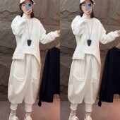 秋冬新款 潮牌酷帅加绒不规则T恤卫衣大裆垮裤 套装 休闲宽松显瘦女