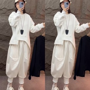 休闲宽松显瘦女 秋冬新款 潮牌酷帅加绒不规则T恤卫衣大裆垮裤 套装