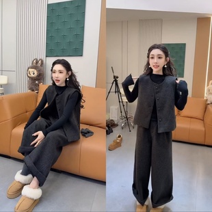 欧货圆领马甲半高领小衫阔腿裤三件套秋冬毛呢时尚洋气韩范套装女