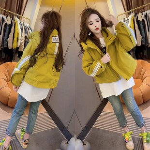 欧洲站洋气二棉外套2024春新款韩版字母连帽短款夹克条袖外套上衣