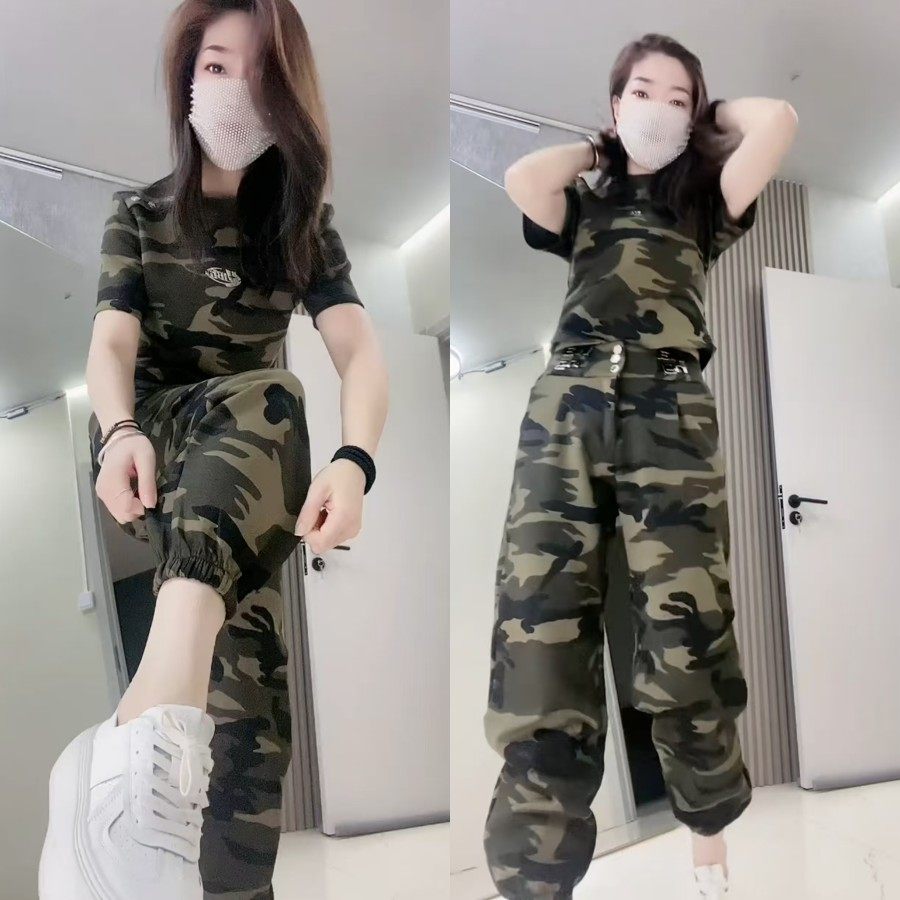 个性休闲迷彩套装2025夏季新款修身短袖高腰工装灯笼裤时尚两件套