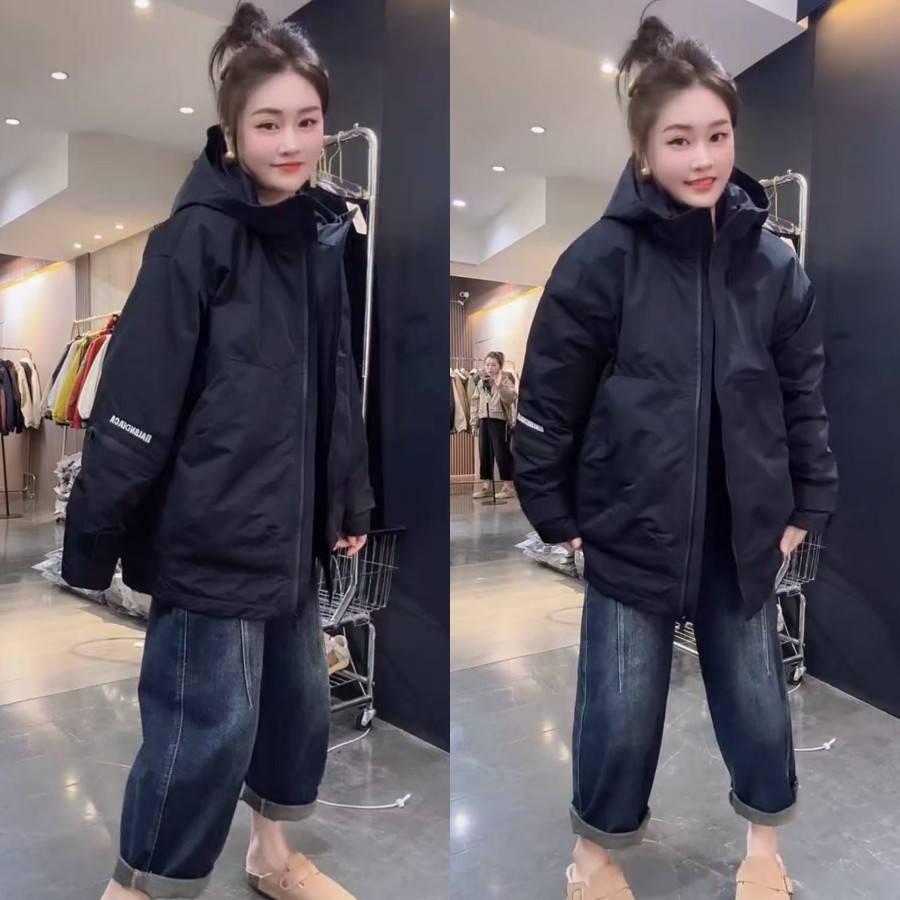 时尚冲锋衣双拉链外套2025秋冬新款薄棉休闲帅气夹克宽松派克服女
