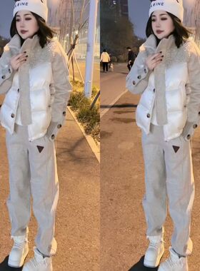 拼接羔毛棉服外套加绒卫裤套装女