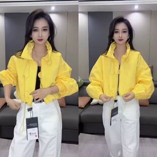 百搭休闲洋气夹克上衣 显瘦爆款 糖果色抽绳立领短外套2026春季 新款