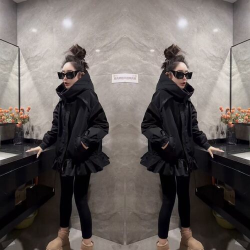 时尚女巫帽中长款遮肉二棉外套潮