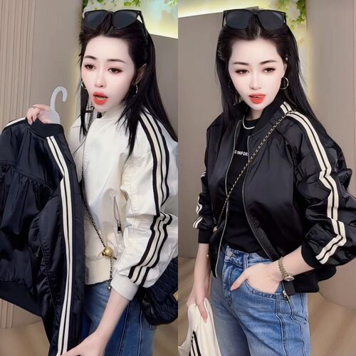 刺绣边圆领拉链棒球服短款外套女