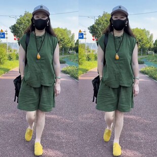 盘扣休闲短袖短裤套装2025夏季新款宽松显瘦凉爽彩色个性两件套爆