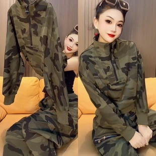 休闲迷彩套装秋冬新款加绒半拉链卫衣哈伦裤宽松显瘦时髦洋气加厚