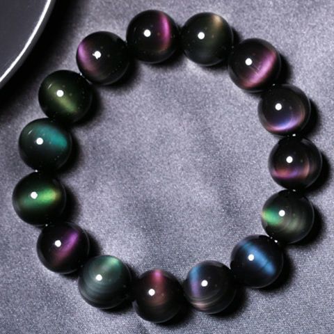 天然保真正品彩虹眼黑曜石手串银耀石金曜石手链男士本命年送礼物