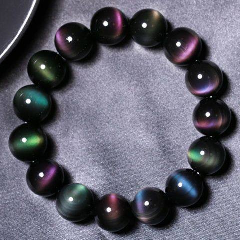 天然保真正品彩虹眼黑曜石手串银耀石金曜石手链男士本命年送礼物