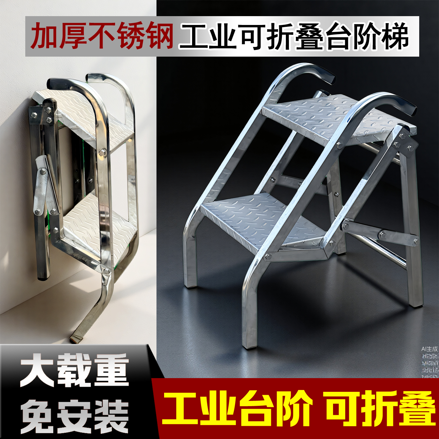 不锈钢折叠梯子工业折叠踏步台阶梯多功能梯子登高楼梯靠墙折叠梯