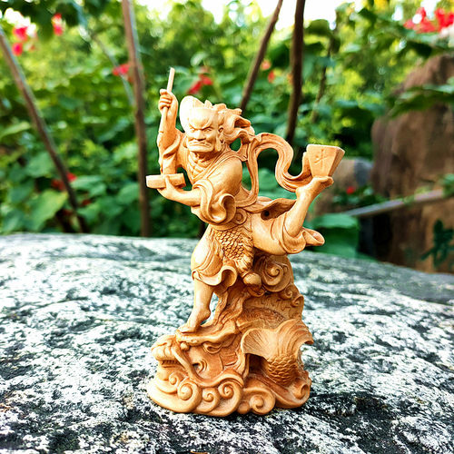 木雕魁星点斗点斗站鳌鱼摆件