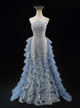 礼服出租重工蓝色声乐艺考学生成人礼生日宴会走秀鱼尾晚礼服出租