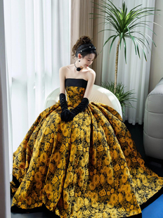 礼服出租时尚金色显瘦走秀宴会主持派对生日声乐演出晚礼服租赁