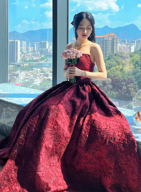 【礼服出租】红色提花新娘敬酒晚礼服成人礼运动会举牌主持人走秀