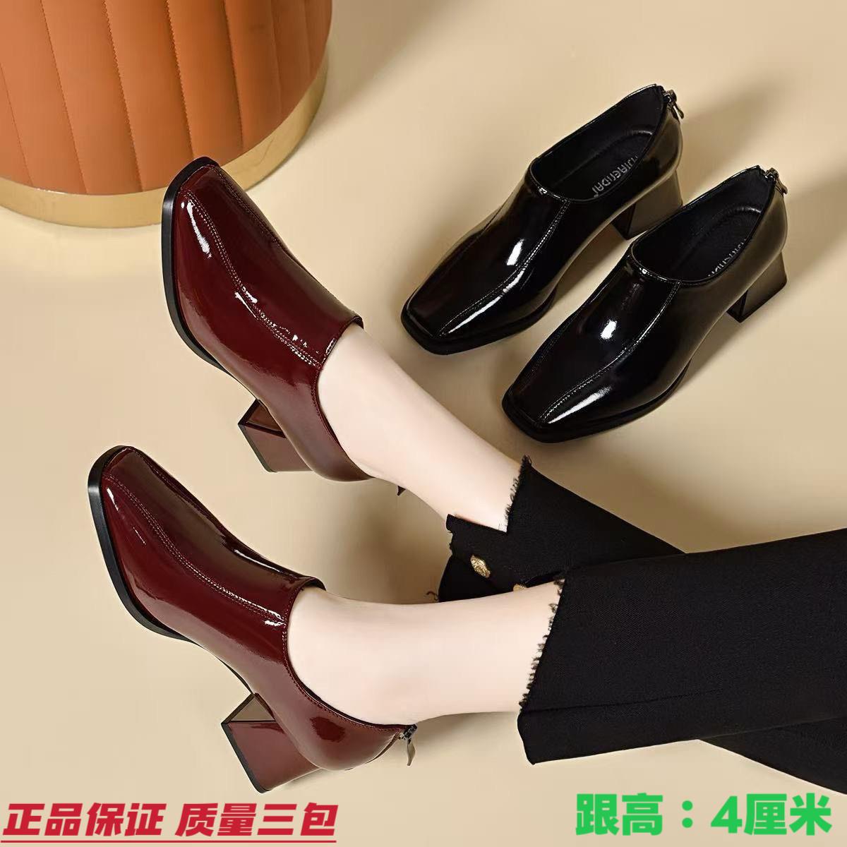 粗跟深口真皮单鞋女2026新款春秋季中跟软皮鞋春款方头软底女鞋子