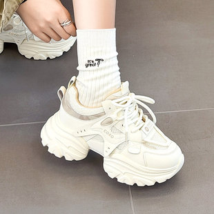 高鹏2026春季新款真皮老爹鞋女厚底增高小个子超火运动女鞋潮3110