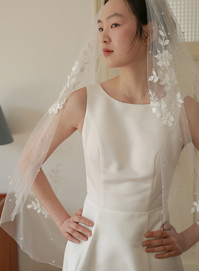 Yesdress新娘结婚婚礼户外拍照复古珍珠蕾丝花朵头纱