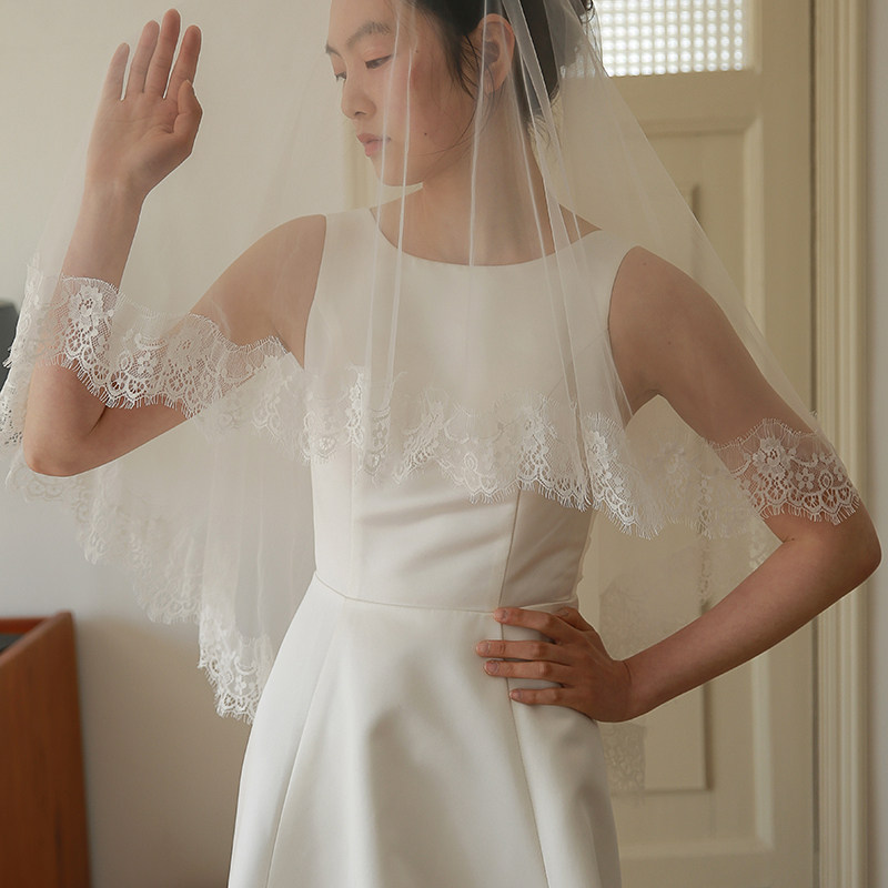 yesdress新娘结婚拍照造型领证旅拍简洁短款蕾丝头纱