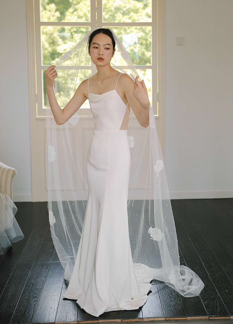 yesdress新娘结婚婚礼户外拍照珍珠蕾丝长头纱