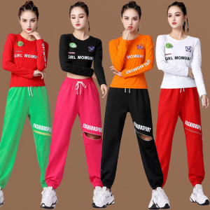 秋季广场舞服运动套装长袖健身鬼步舞跳舞服玫红广场舞服装套装女