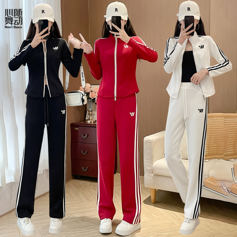 广场舞杨丽萍鬼步舞运动健身操条纹字母双拉链长袖运动休闲套装女