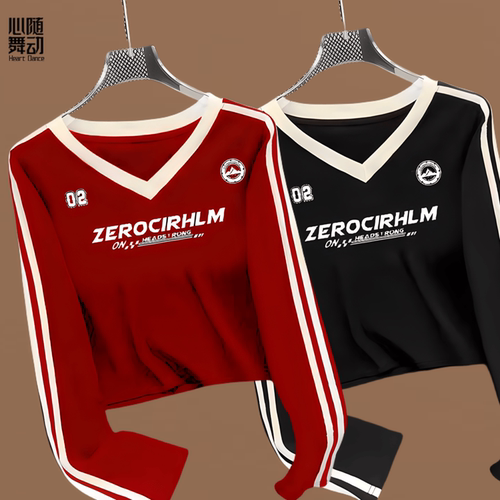 广场舞服装时尚运动V领长短袖健身操团体跳操服大码纯棉跳操服女