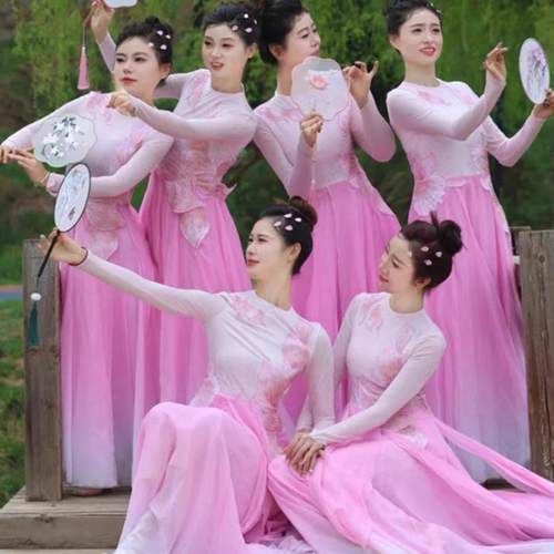 芙蕖古典舞蹈服演出服长裙女飘逸中国舞开场歌伴舞服装连衣裙套装