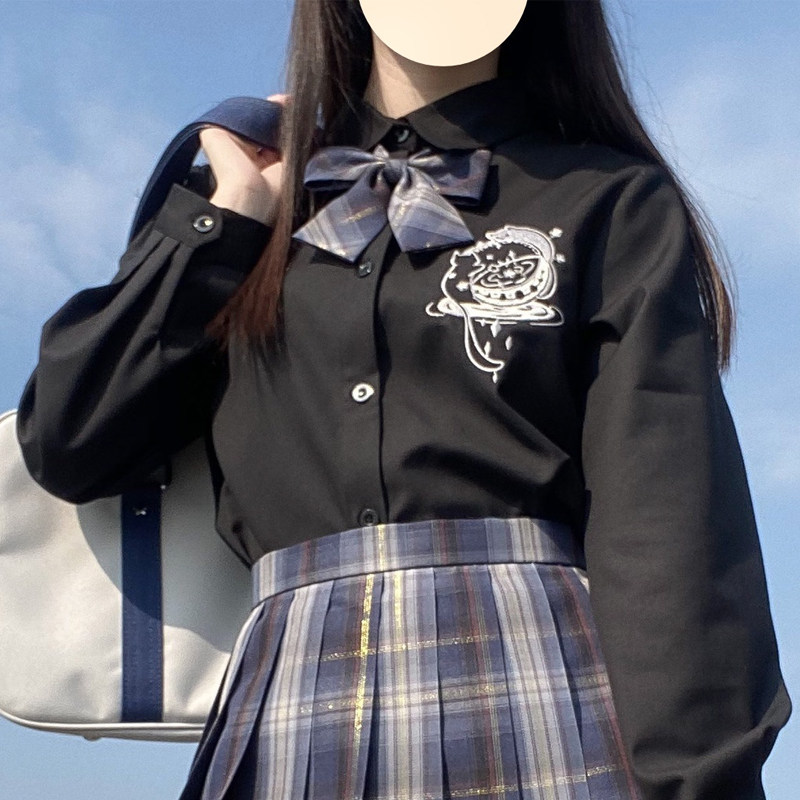 胖头鱼jk制服原创刺绣长袖黑色衬衫春秋上衣短袖衬衣散落星光现货