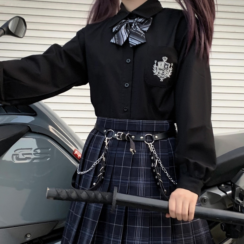 原创jk制服日系秋季基础款宽松长袖黑色衬衫银色刺绣夏男女学生DK