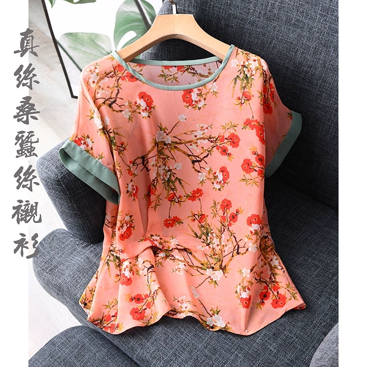 100真丝双绉 梅花印花花朵 圆领褶皱设计 短袖上衣女装衬衫小衫