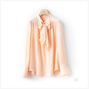 衬衫 橘粉色 飘带领长袖 重磅真丝双绉桑蚕丝 上衣女 通勤风