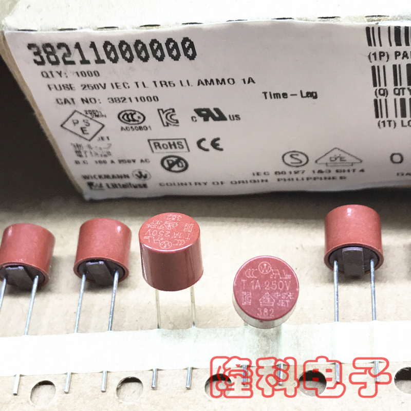 38211000000 T1A 250V 力特进口红色圆型保险丝1A延时塑封382系列