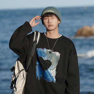 A331-WY204R-P55银狐绒港风宽松圆领印花加绒全棉情侣卫衣 控价68,男装卫衣,电商C409