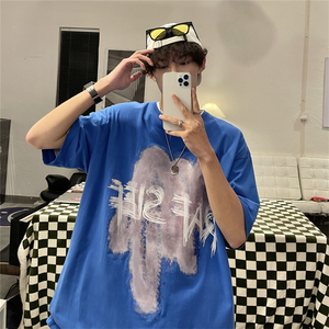 wassup happy美式涂鸦短袖t恤男夏季潮流oversize宽松休闲五分袖图片