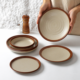 密胺土陶盘子商用餐饮老式复古仿古餐具地摊火锅菜盘凉菜平盘餐盘
