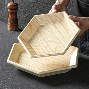 密胺仿木纹餐具小吃盘餐盘火锅烤肉菜盘商用塑料凉菜盘六边形盘子