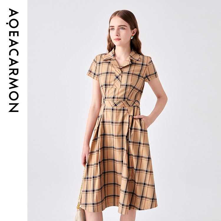【雅格上美】AQEACARMON春季女士气质通勤格子连衣裙 A24CF69J2F
