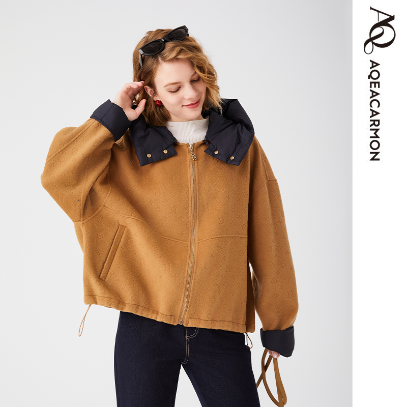 雅格上美 秋冬新款女士撞色拼接连帽小个子短毛呢外套 A24DF28J11