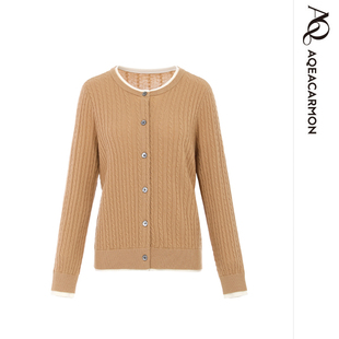 麻花假两件针织开衫 女士100%羊毛衫 A24QF21E33 秋冬新款 雅格上美