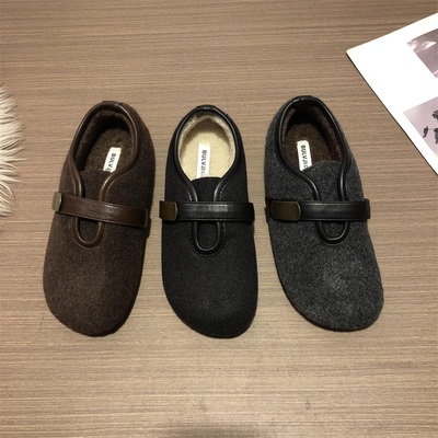 平底毛呢加绒勃肯鞋女2025秋冬新款灰色保暖棉鞋平底玛丽珍毛毛鞋