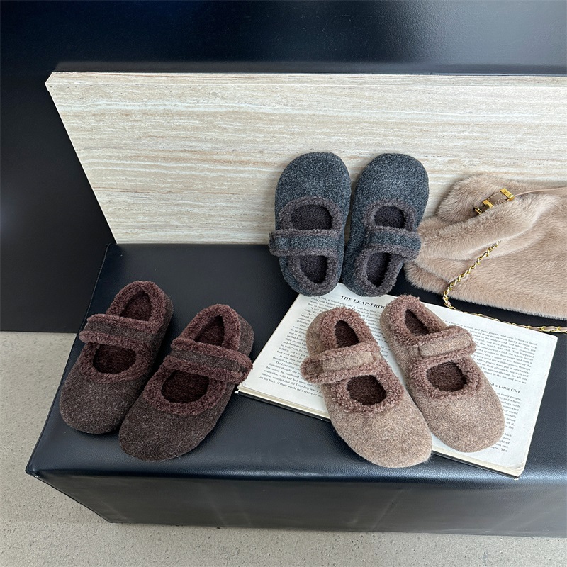 单鞋女加绒灰色玛丽珍毛毛鞋女冬外穿韩版呢子棉鞋子