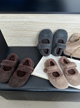 单鞋女加绒灰色玛丽珍毛毛鞋女冬外穿韩版呢子棉鞋子