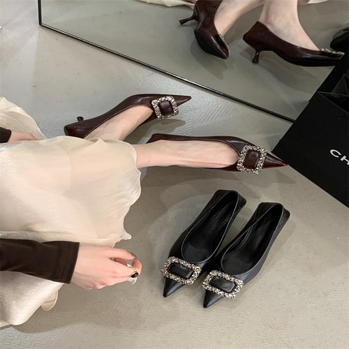 尖头水钻高跟鞋女2025新款黑色百搭通勤气质单鞋