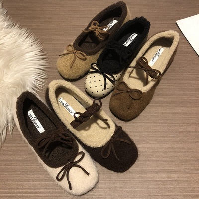 2025秋冬季新款平底蝴蝶结加绒玛丽珍鞋女保暖芭蕾舞鞋单鞋