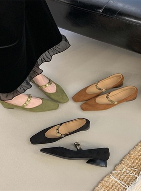 绿色单鞋女粗跟玛丽珍鞋2025新款气质配裙子新中鞋温柔风单鞋