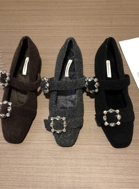 内增高方头水钻单鞋女鞋子2025秋冬季加绒灰色毛毛鞋玛丽珍晚晚鞋
