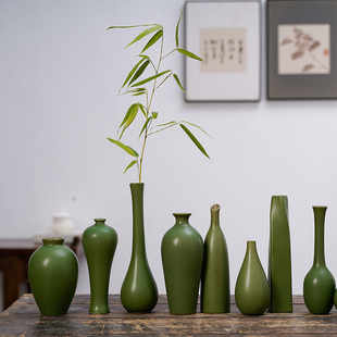 复古陶瓷小花瓶花器禅意汝窑绿水培花插茶席桌面装 饰干花花束摆件