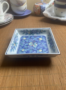日本回流瓷器橘吉蓝字款方钵二手轻微划痕污渍